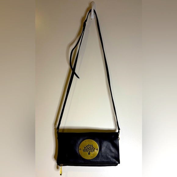 Mulberry Black Leather Crossbody Clutch – Gold Tree Logo Medallion – Classic - Picture 1 of 11